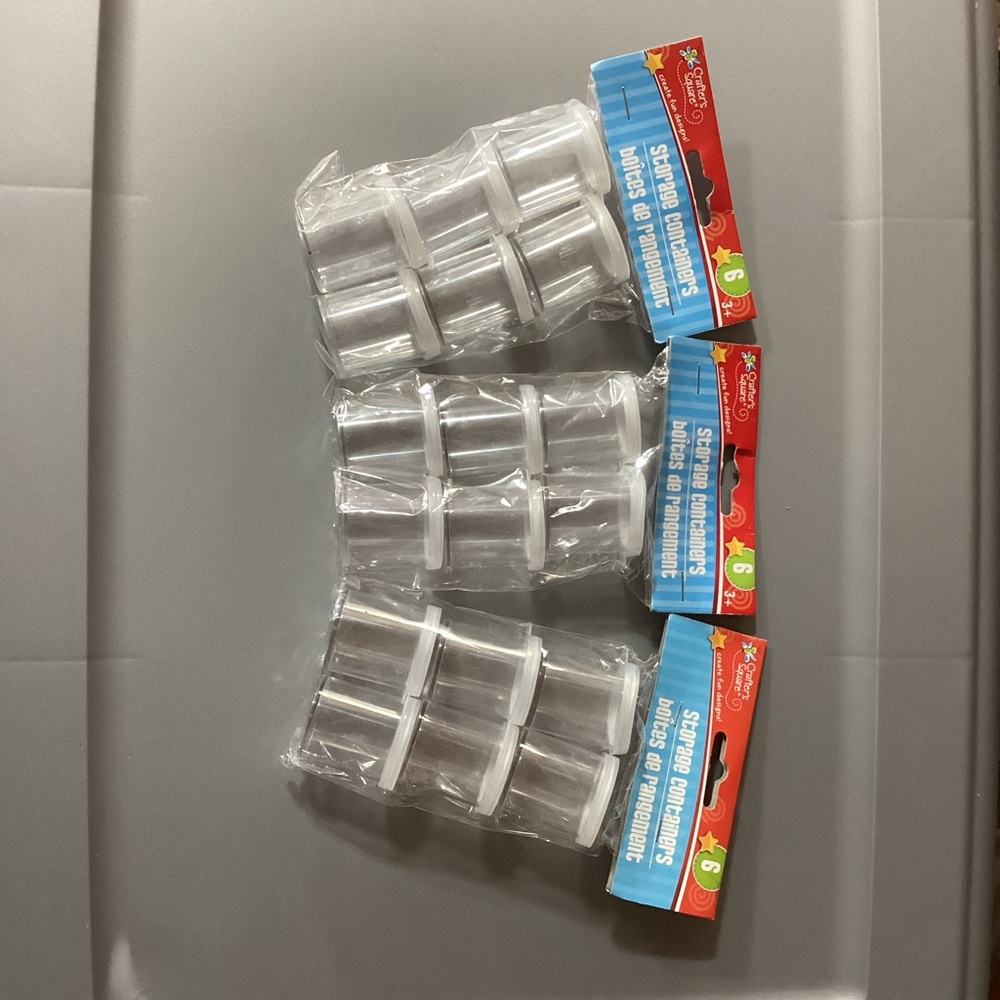 3 Crafters Square pkgs of 6 mini lidded containers 1 1/2” tall 1 1/8” diameter.